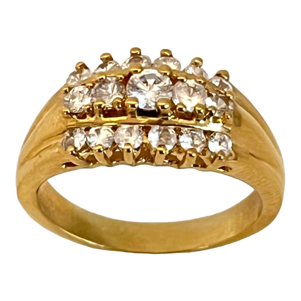 Vintage 1970s Three Row Crystal Ring Gold Plated - 4B